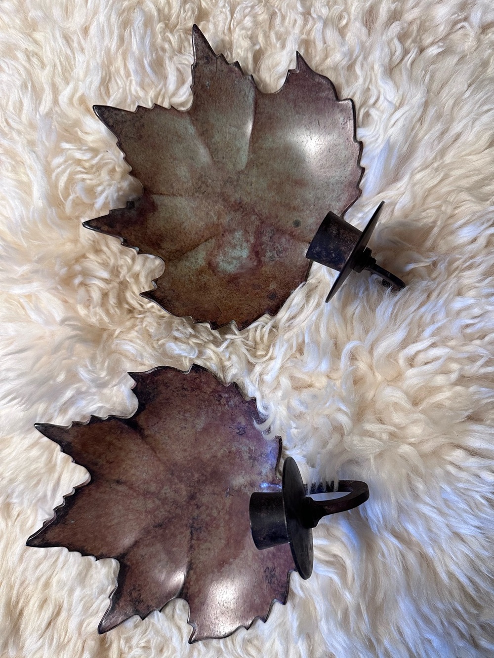 Vintage Brutalist Enameled Copper Maple Leaf Candlesticks Sconces Set